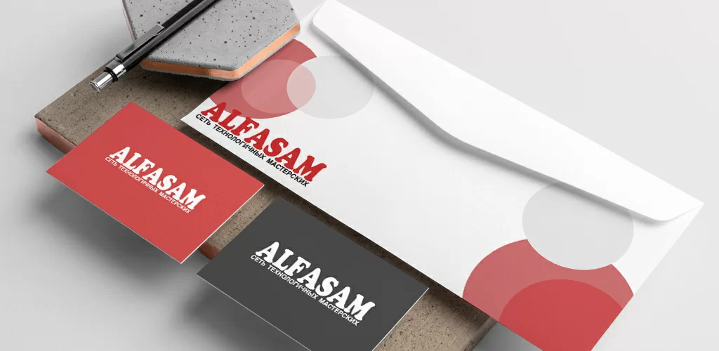 Фирменный стиль ALFASAM на визитках и конверте
