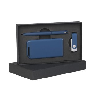 Набор ручка + флеш-карта 16Гб + зарядное устройство 4000 mAh в футляре покрытие soft touch, цвет «темно-синий»