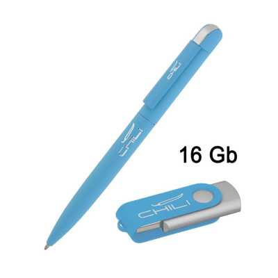 Набор ручка + флеш-карта 16 Гб в футляре, покрытие soft touch, цвет голубой-2