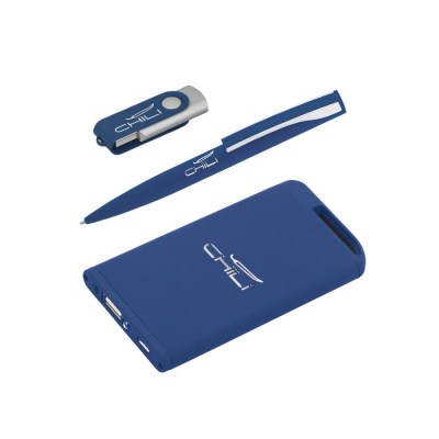 Набор ручка + флеш-карта 16Гб + зарядное устройство 4000 mAh, soft touch, цвет «темно-синий с серебристым»